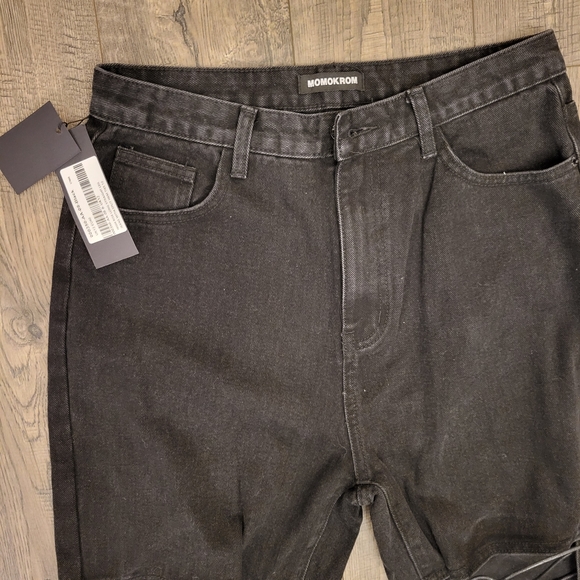 NWT MOMOKROM Corset Lace Up Distressed Straight Leg Black JEANS - Picture 3 of 10